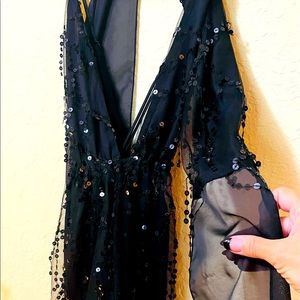 Black sequin romper with belt sash